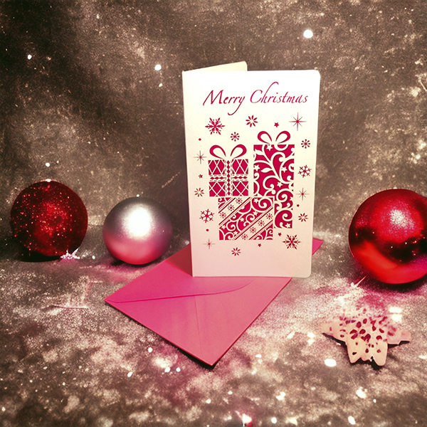 Kaksiosainen joulukortti + kirjekuori, paketit